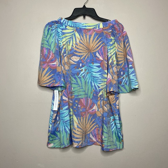 Counterparts Tropical Blouse Top Women's SZ XL Smocked Flutter Sleeve Blue Multi - Picture 2 of 16